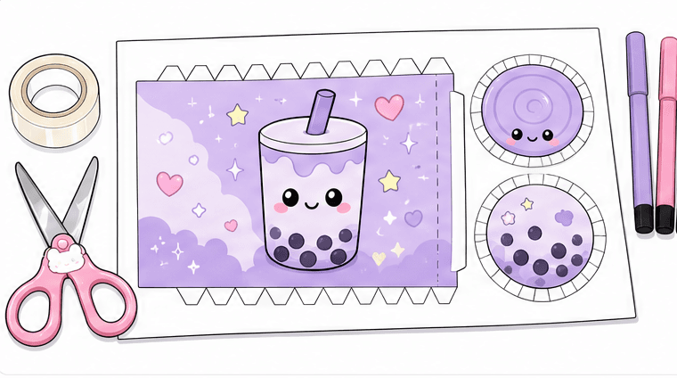 Kawaii Taro Boba Bubble Tea (Silindir Formu) Paper Squishy Yapımı - 1. Adım: Boba Çayı Şablonunu Hazırla 📄 Kağıt Sukuşi Yapım Aşaması