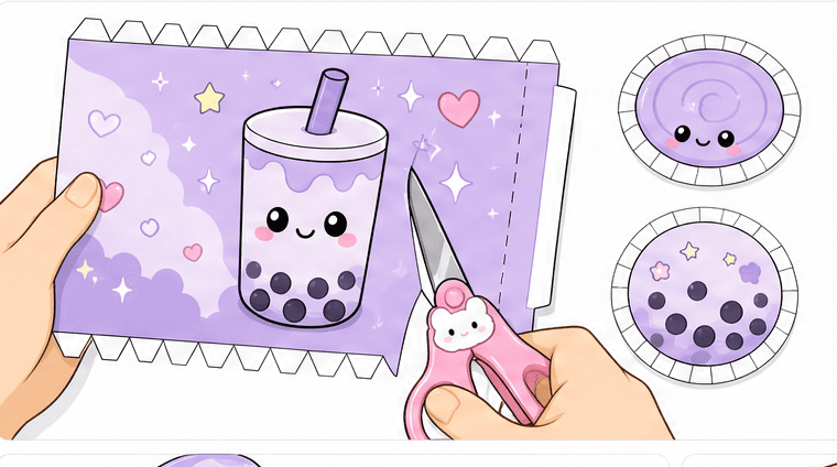 Kawaii Taro Boba Bubble Tea (Silindir Formu) Paper Squishy Yapımı - 4. Adım: Parçaları ve Katlama Dişlerini Kes ✂️ Kağıt Sukuşi Yapım Aşaması