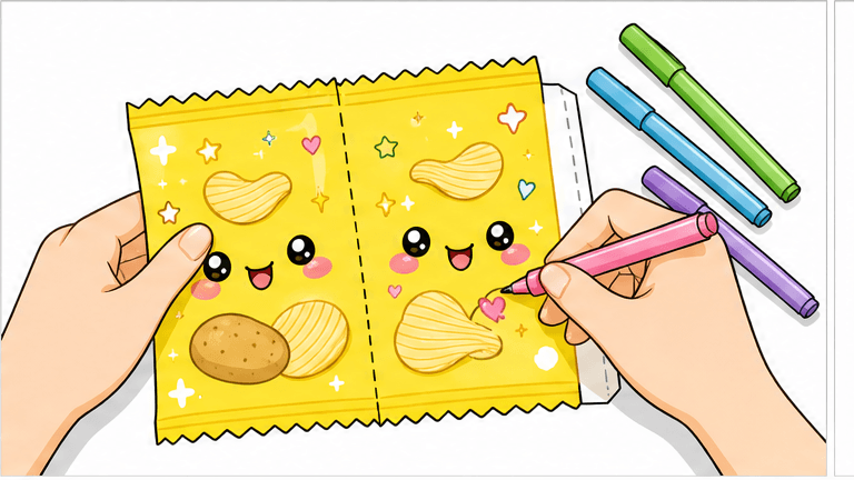 YAY'S Çıtır Cips Paketi Paper Squishy Yapımı - 2. Adım: Sevimli Patatesi Renklendir 🎨 Kağıt Sukuşi Yapım Aşaması