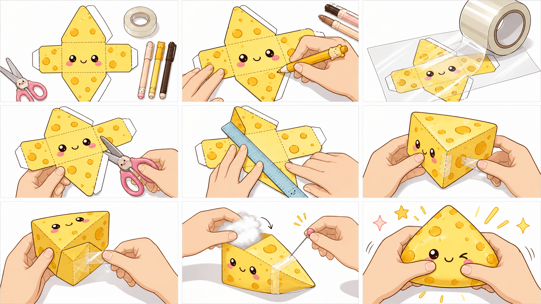 Kawaii İsviçre Peynir Dilimi (Üçgen Prizma) Paper Squishy Yapımı 9 Adımlı LEGO IKEA Tarzı Montaj Şeması (16:9 Kılavuz)