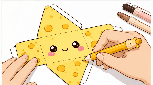 Kawaii İsviçre Peynir Dilimi (Üçgen Prizma) Paper Squishy Yapımı - 2. Adım: Peynir Deliklerini ve Sevimli Yüzü Boya 🎨 Kağıt Sukuşi Yapım Aşaması