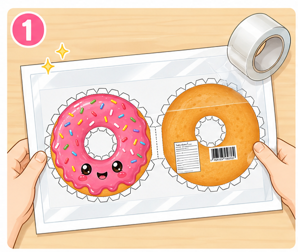 Çilekli Pofuduk Donut Paper Squishy Yapımı - 1. Adım: Şablonu Hazırla & Şeffaf Bantla Lamine Et ✨ Kağıt Sukuşi Yapım Aşaması
