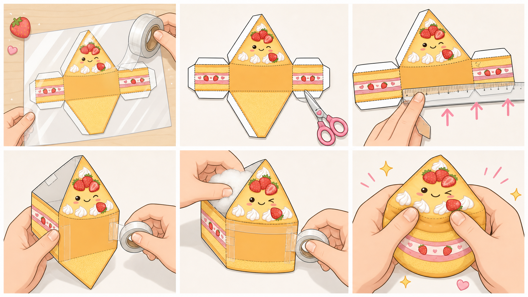 Kawaii Çilekli Pasta Dilimi Paper Squishy Yapımı 6 Adımlı LEGO IKEA Tarzı Montaj Şeması (16:9 Kılavuz)