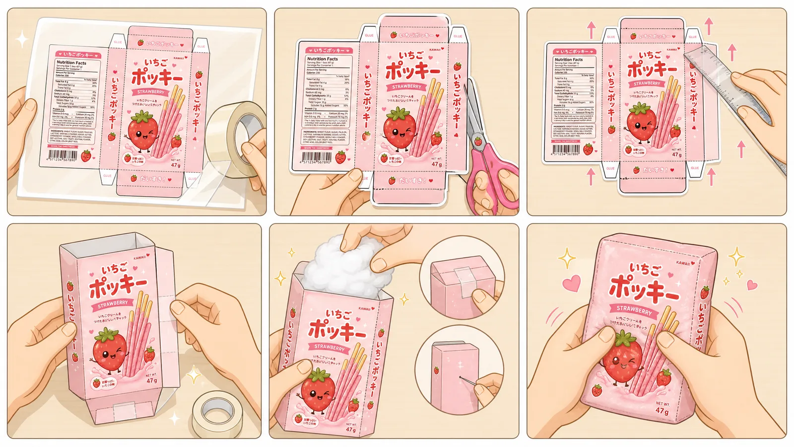Çilekli Pocky Bisküvi Kutusu Paper Squishy Yapımı - 6 Adımlı Görsel Katlama ve Montaj Kılavuzu