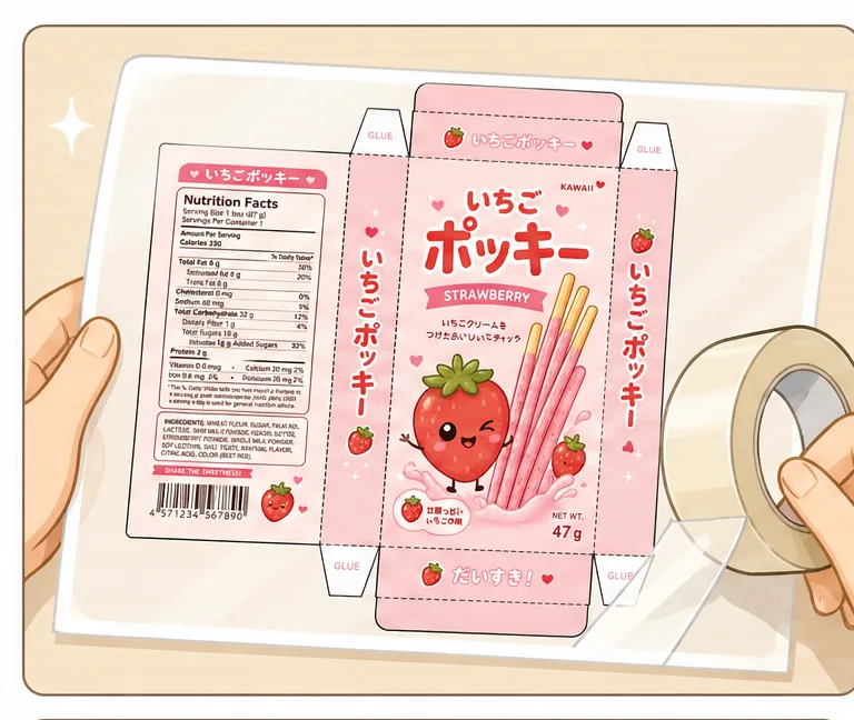 Çilekli Pocky Bisküvi Kutusu Paper Squishy Yapımı - 1. Adım: Şablonu Masaya Ser & Çift Yönlü Lamine Et ✨ Kağıt Sukuşi Yapım Aşaması