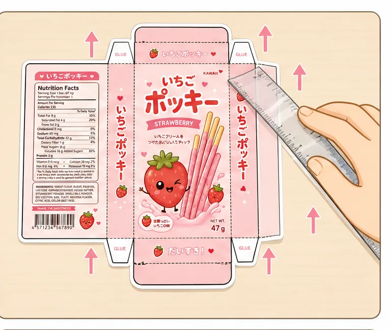 Çilekli Pocky Bisküvi Kutusu Paper Squishy Yapımı - 3. Adım: Gövde Çizgilerini ve Kapakları Cetvelle Kır 📐 Kağıt Sukuşi Yapım Aşaması
