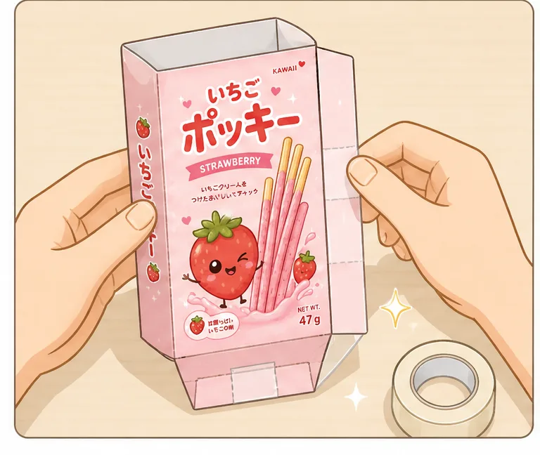 Çilekli Pocky Bisküvi Kutusu Paper Squishy Yapımı - 4. Adım: Gövdeyi Dikdörtgen Kutuya Dönüştür & Bantla 🍓 Kağıt Sukuşi Yapım Aşaması