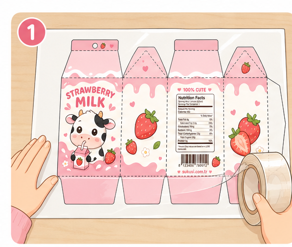 Pastel Çilekli Süt Kutusu Paper Squishy Yapımı - 1. Adım: Şablonu Hazırla & Şeffaf Bantla Lamine Et ✨ Kağıt Sukuşi Yapım Aşaması