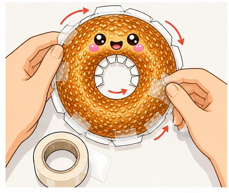 Çıtır Susamlı Sokak Simiti Paper Squishy Yapımı - 4. Adım: Halkanın İç ve Dış Kenarlarını Bantla 🥨 Kağıt Sukuşi Yapım Aşaması
