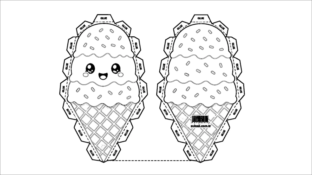 Gökkuşağı Dondurma Külahı Paper Squishy Yapımı - Siyah Beyaz Boyama Sayfası Şablonu Önizleme