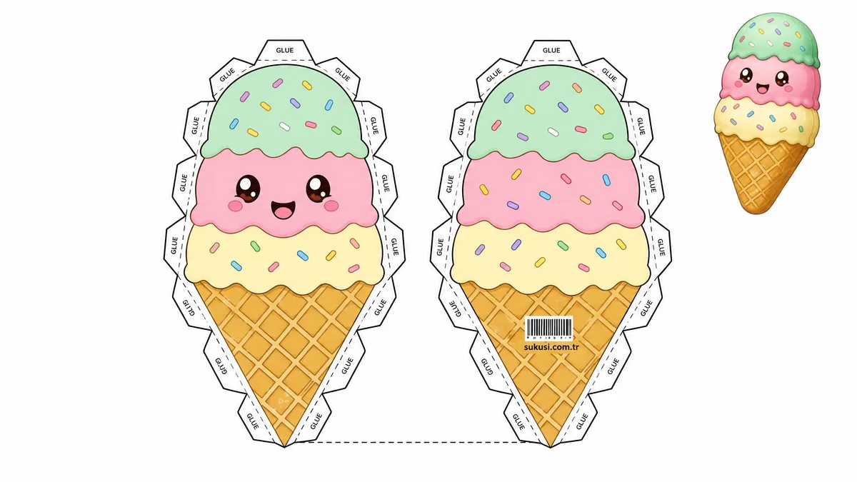 Gökkuşağı Dondurma Külahı Paper Squishy Yapımı - Renkli A4 Baskı Şablonu Önizleme