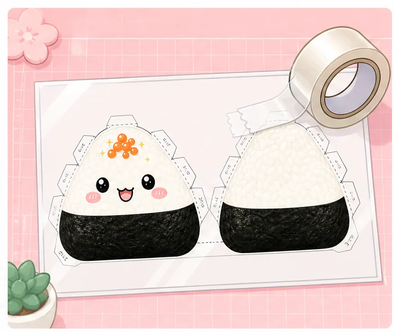 Sevimli Japon Onigiri Pirinç Topu Paper Squishy Yapımı - 1. Adım: Şablonu Masaya Ser & Çift Yönlü Lamine Et ✨ Kağıt Sukuşi Yapım Aşaması