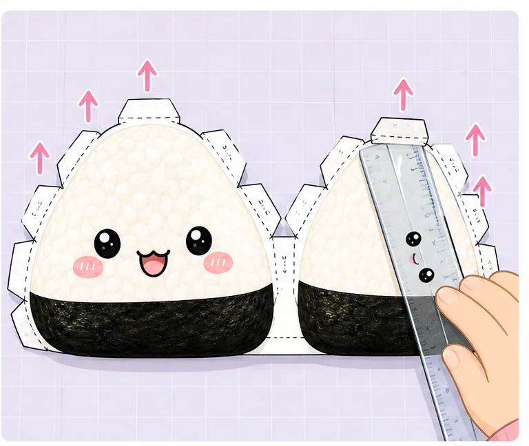 Sevimli Japon Onigiri Pirinç Topu Paper Squishy Yapımı - 3. Adım: Kulakçıkları ve Taban Menteşesini Cetvelle Katla 📐 Kağıt Sukuşi Yapım Aşaması