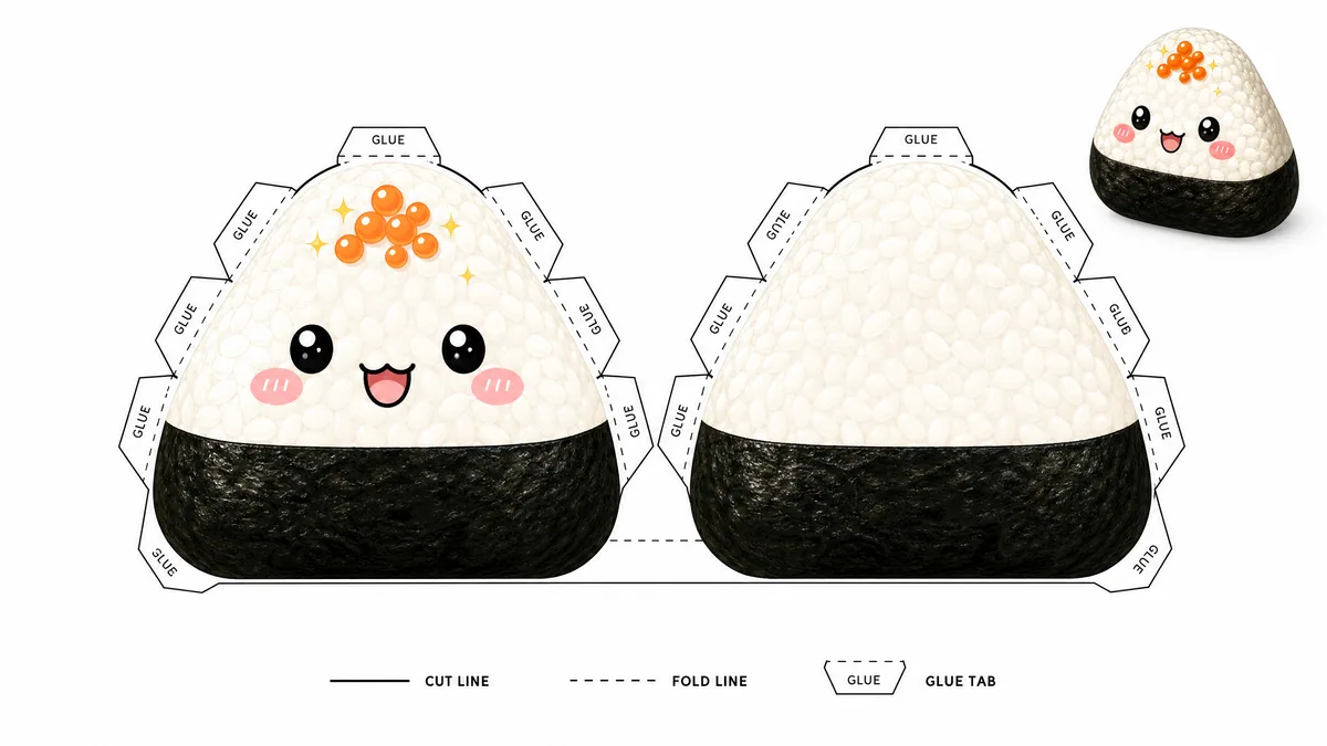 Sevimli Japon Onigiri Pirinç Topu Paper Squishy Yapımı - Renkli A4 Baskı Şablonu Önizleme