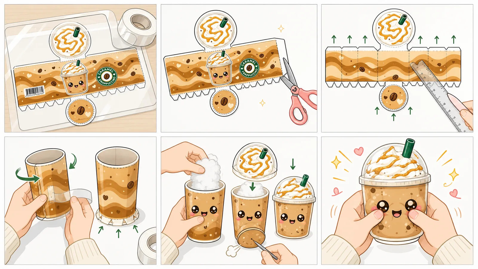 Karamel Kremalı Frappuccino Paper Squishy Yapımı - 6 Adımlı Görsel Katlama ve Montaj Kılavuzu