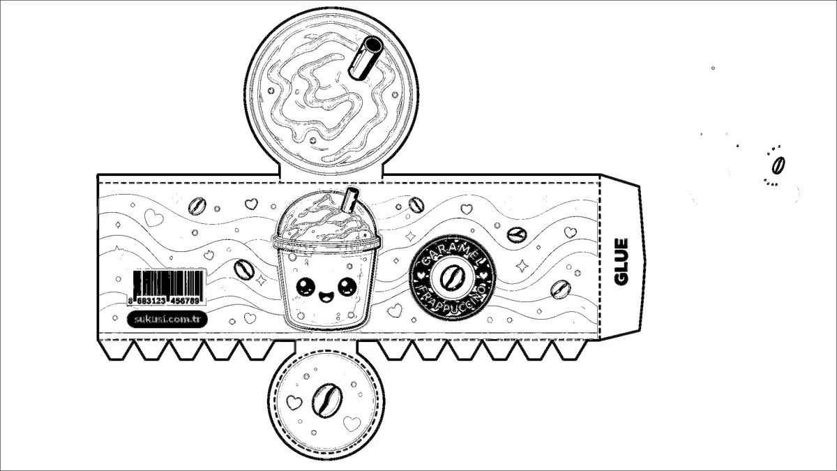 Karamel Kremalı Frappuccino Paper Squishy Yapımı - Siyah Beyaz Boyama Sayfası Şablonu Önizleme