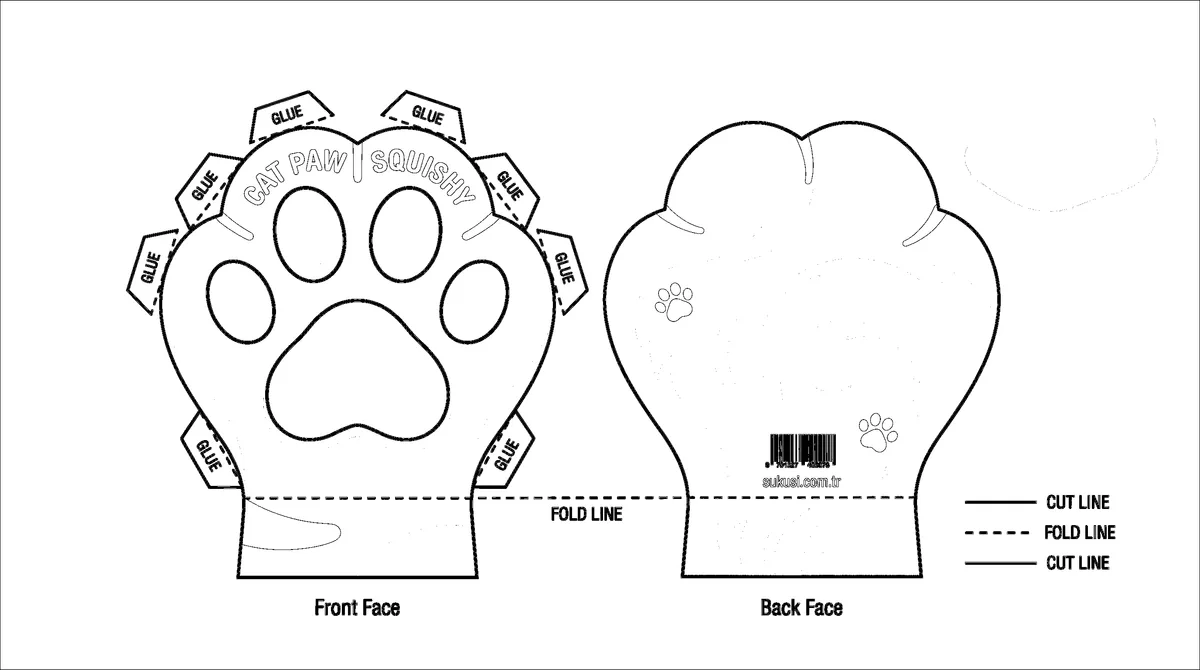 Minnoş Kedi Patisi Paper Squishy Yapımı - Siyah Beyaz Boyama Sayfası Şablonu Önizleme