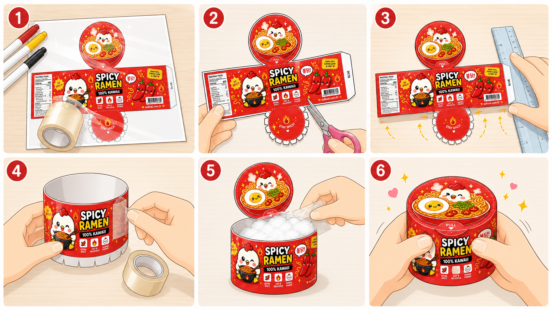 Kawaii Acı Kore Ramen Kasesi Paper Squishy Yapımı 6 Adımlı LEGO IKEA Tarzı Montaj Şeması (16:9 Kılavuz)