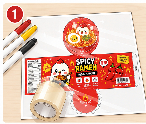 Kawaii Acı Kore Ramen Kasesi Paper Squishy Yapımı - 1. Adım: Şablonu Hazırla & Şeffaf Bantla Lamine Et ✨ Kağıt Sukuşi Yapım Aşaması