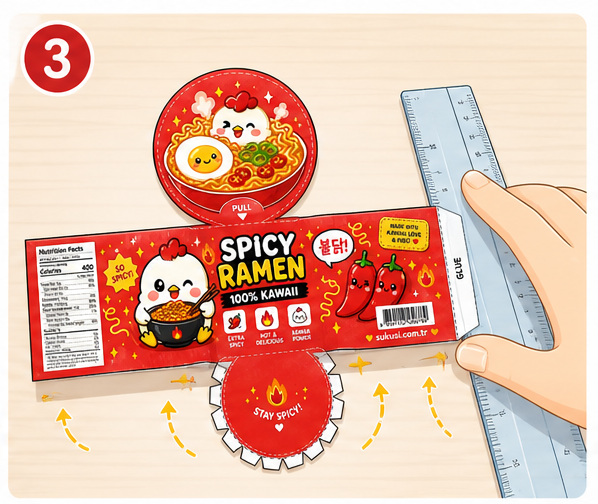 Kawaii Acı Kore Ramen Kasesi Paper Squishy Yapımı - 3. Adım: Cetvelle Çizgileri Kır ve Katla 📐 Kağıt Sukuşi Yapım Aşaması