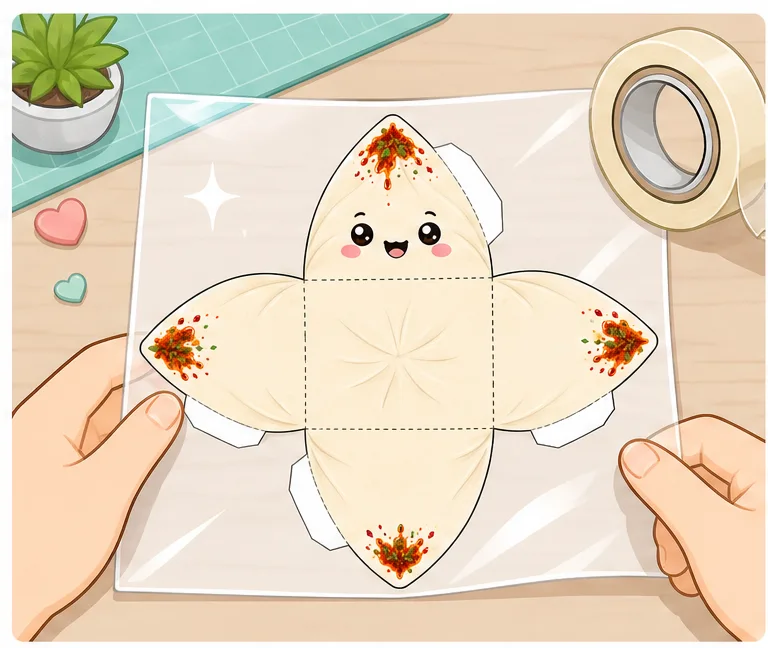 Sevimli Mantı Sukuşi Paper Squishy Yapımı - 1. Adım: Şablonu Masaya Ser & Çift Yönlü Lamine Et ✨ Kağıt Sukuşi Yapım Aşaması