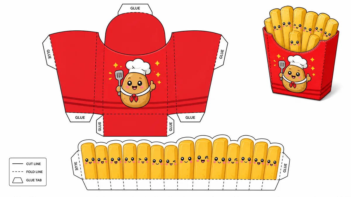 Çıtır Kawaii Patates Kızartması Kutusu Paper Squishy Yapımı - Renkli A4 Baskı Şablonu Önizleme