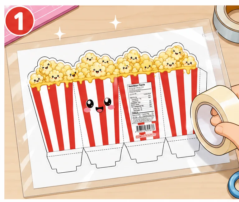 Çıtır Sinema Patlamış Mısır Kovası Paper Squishy Yapımı - 1. Adım: Şablonu Masaya Ser & Çift Yönlü Lamine Et ✨ Kağıt Sukuşi Yapım Aşaması