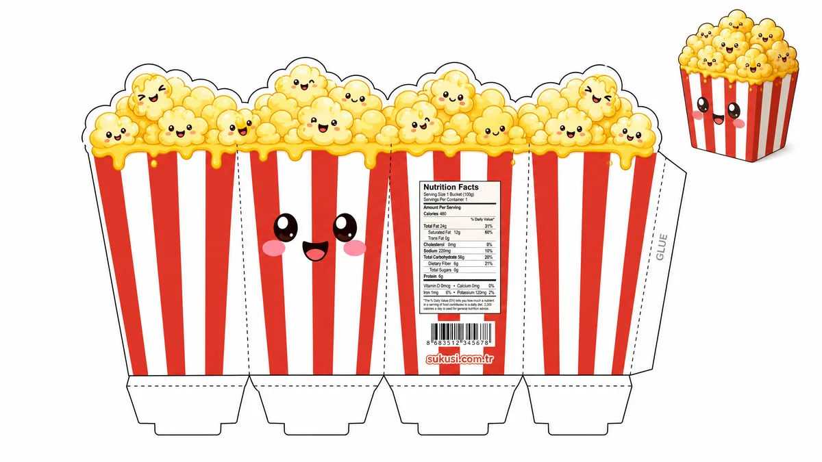 Çıtır Sinema Patlamış Mısır Kovası Paper Squishy Yapımı - Renkli A4 Baskı Şablonu Önizleme