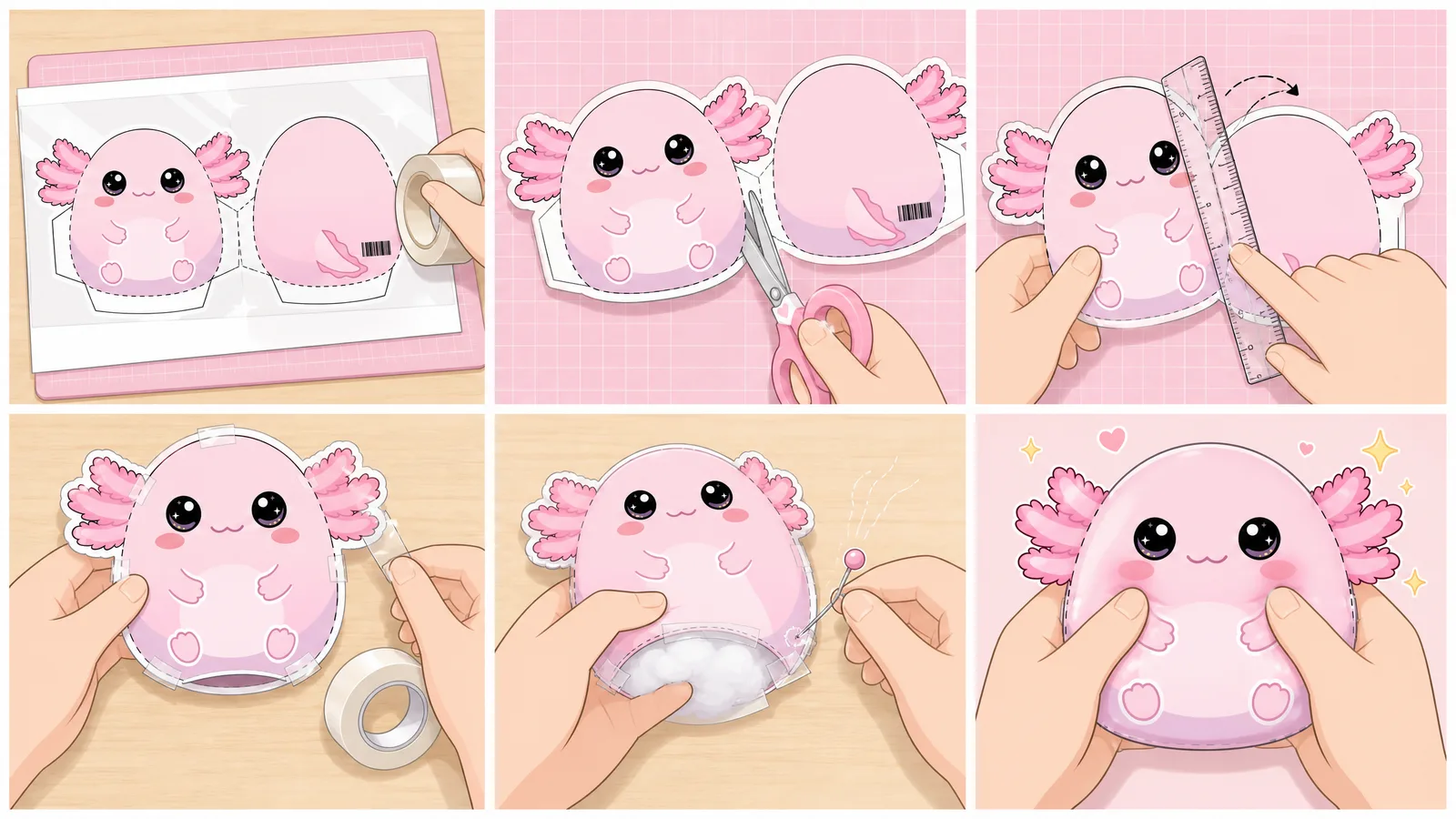 Pofuduk Pembe Axolotl Paper Squishy Yapımı - 6 Adımlı Görsel Katlama ve Montaj Kılavuzu