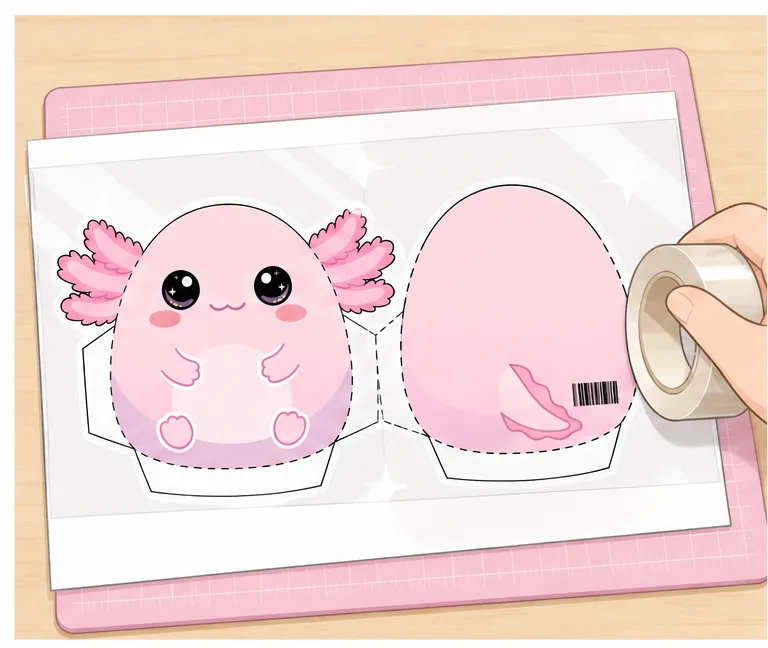 Pofuduk Pembe Axolotl Paper Squishy Yapımı - 1. Adım: Şablonu Masaya Ser & Çift Yönlü Lamine Et ✨ Kağıt Sukuşi Yapım Aşaması