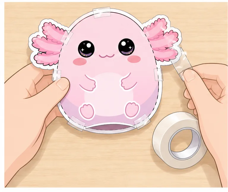Pofuduk Pembe Axolotl Paper Squishy Yapımı - 4. Adım: Baş, Solungaç ve Sırt Kenarlarını Bantla 🦎 Kağıt Sukuşi Yapım Aşaması