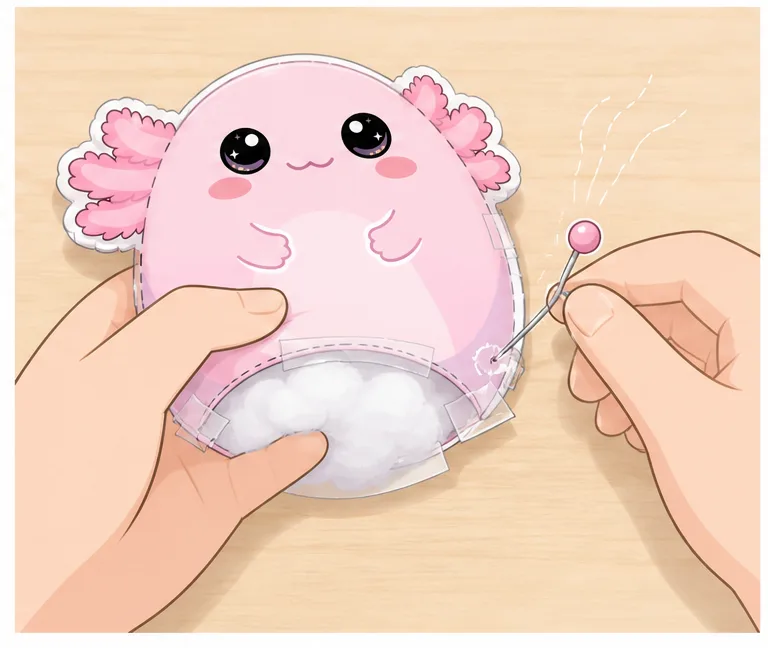 Pofuduk Pembe Axolotl Paper Squishy Yapımı - 5. Adım: Boncuk Elyaf Doldur & Göbek Bölümünü Kapat ☁️ Kağıt Sukuşi Yapım Aşaması
