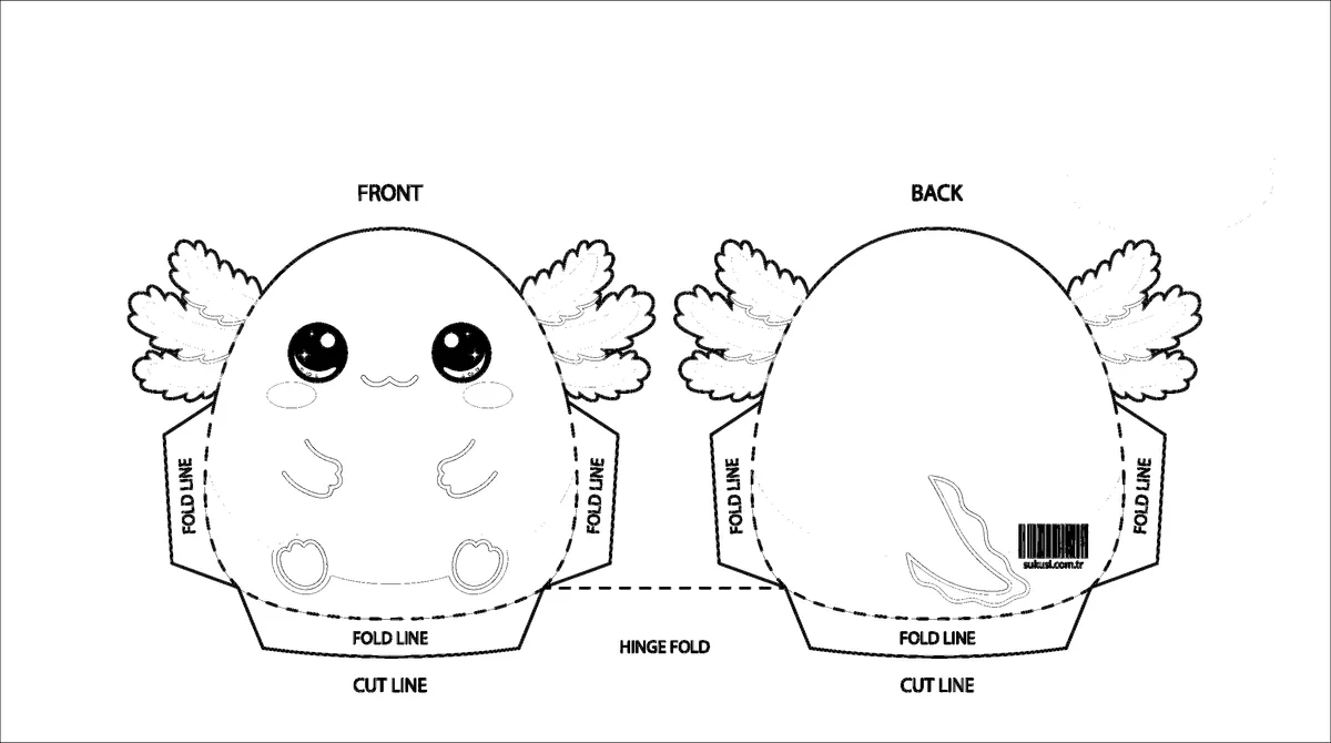 Pofuduk Pembe Axolotl Paper Squishy Yapımı - Siyah Beyaz Boyama Sayfası Şablonu Önizleme