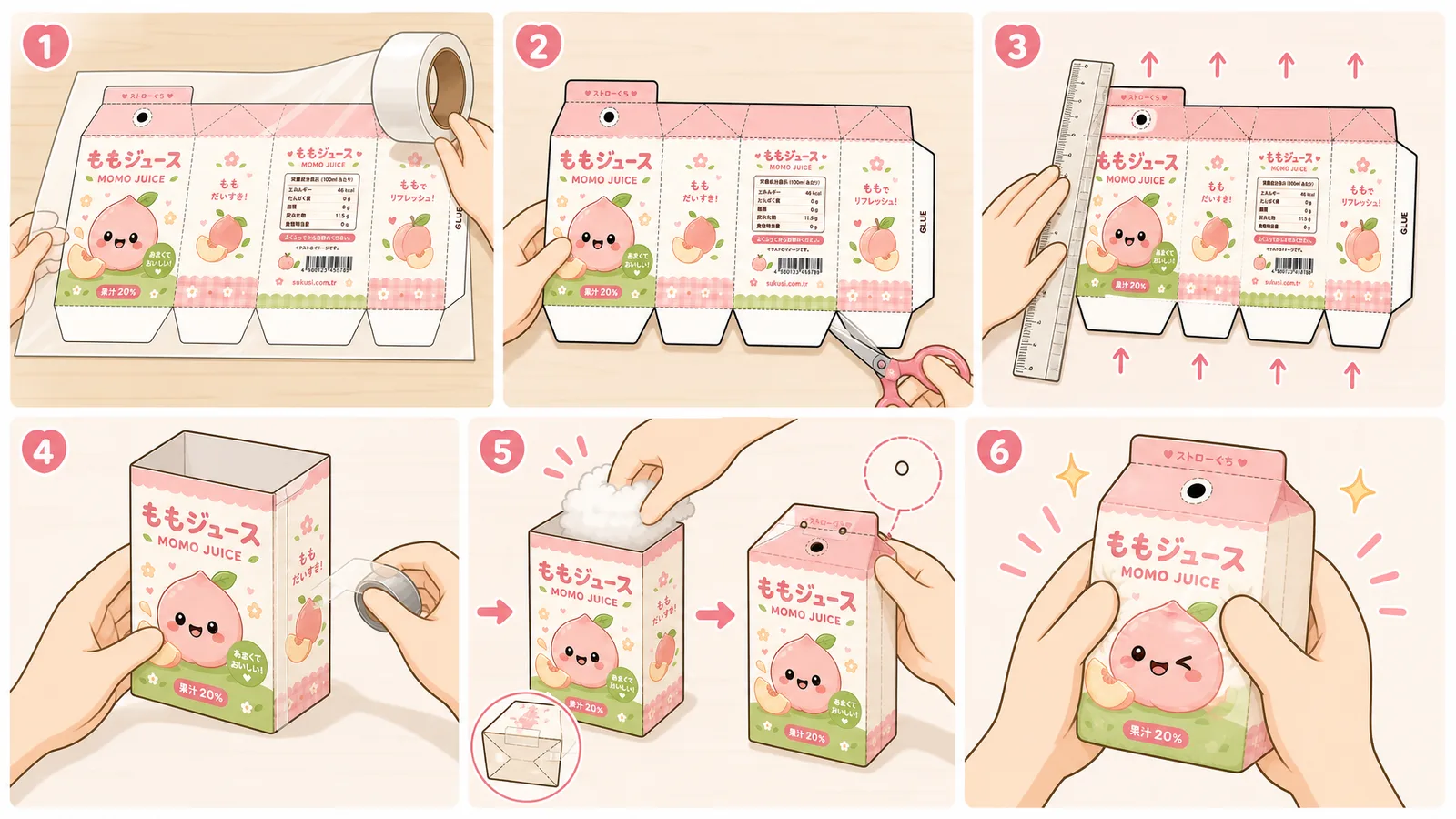 Kawaii Japon Şeftali Suyu Kutusu Paper Squishy Yapımı - 6 Adımlı Görsel Katlama ve Montaj Kılavuzu