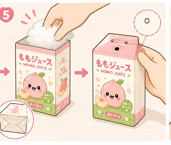 Kawaii Japon Şeftali Suyu Kutusu Paper Squishy Yapımı - 5. Adım: Tabanı Kapat, Boncuk Elyaf Doldur & Çatıyı Mühürle ☁️ Kağıt Sukuşi Yapım Aşaması