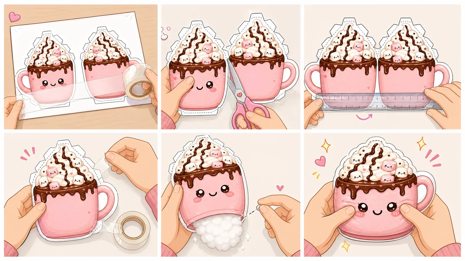 Marshmallowlu Sevimli Sıcak Çikolata Kupası Paper Squishy Yapımı - 6 Adımlı Görsel Katlama ve Montaj Kılavuzu