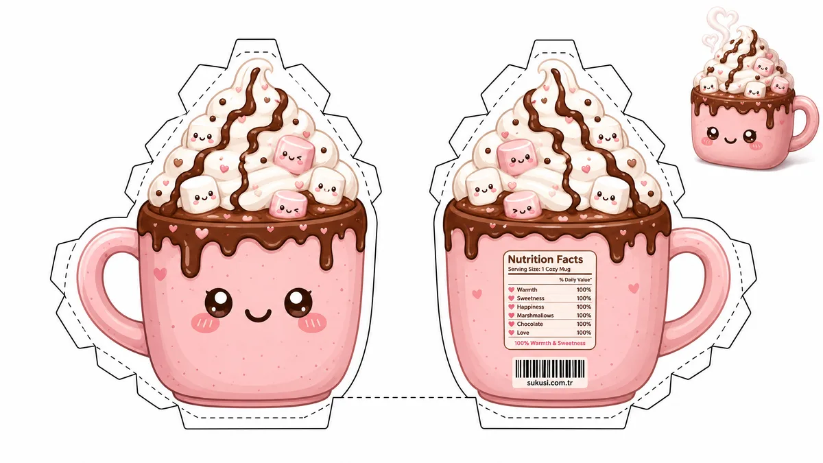 Marshmallowlu Sevimli Sıcak Çikolata Kupası Paper Squishy Yapımı - Renkli A4 Baskı Şablonu Önizleme