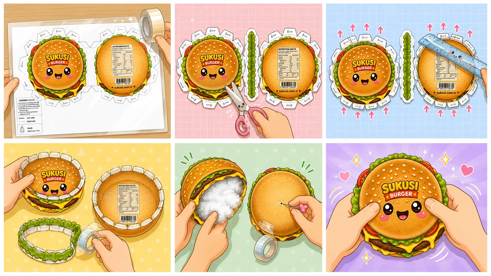 Sukusi.com Cheeseburger Paper Squishy Yapımı - 6 Adımlı Görsel Katlama ve Montaj Kılavuzu