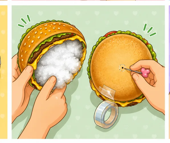 Sukusi.com Cheeseburger Paper Squishy Yapımı - 5. Adım: Boncuk Elyaf Bas & Burgeri Tombullaştırıp Kapat 🧀 Kağıt Sukuşi Yapım Aşaması