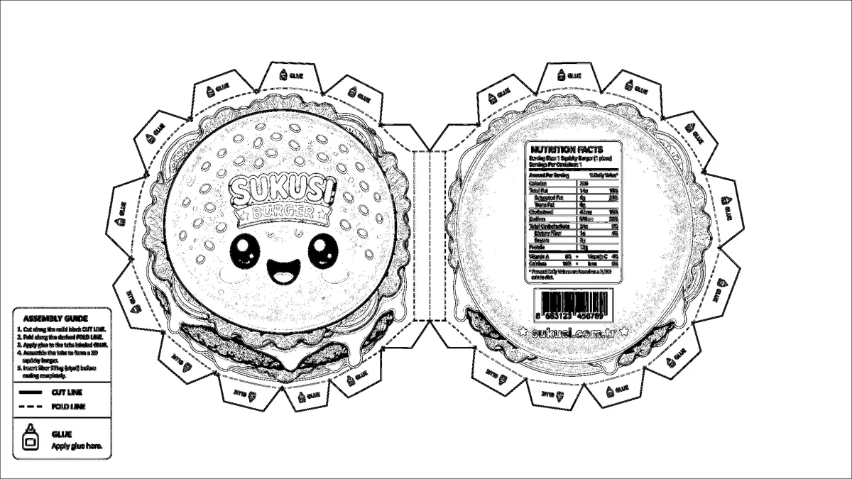 Sukusi.com Cheeseburger Paper Squishy Yapımı - Siyah Beyaz Boyama Sayfası Şablonu Önizleme