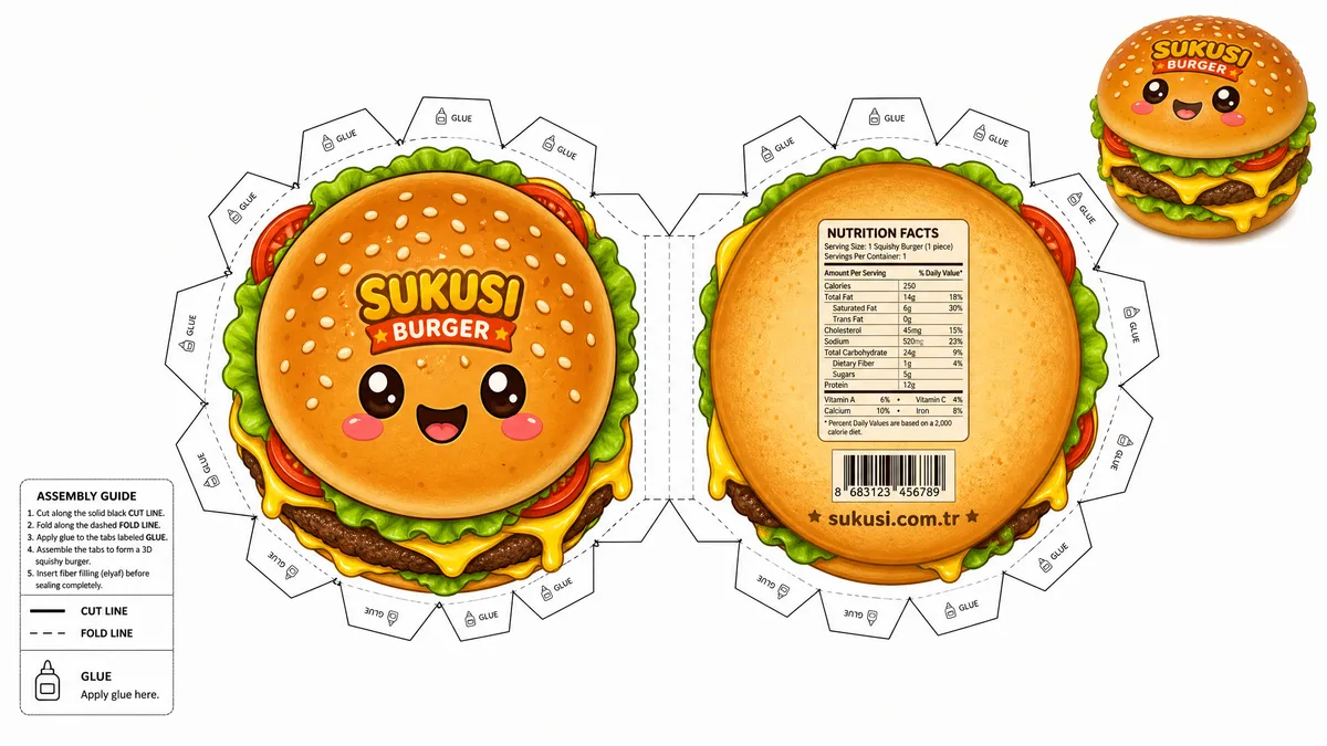 Sukusi.com Cheeseburger Paper Squishy Yapımı - Renkli A4 Baskı Şablonu Önizleme