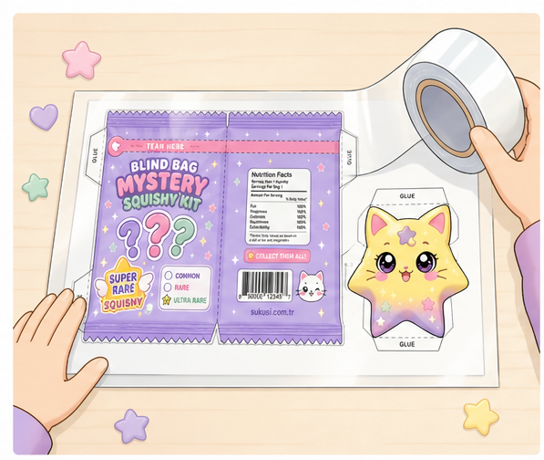 Kawaii Sürpriz Blind Bag (Gizemli Kör Paket) Paper Squishy Yapımı - 1. Adım: Şablonu Hazırla & Şeffaf Bantla Lamine Et ✨ Kağıt Sukuşi Yapım Aşaması