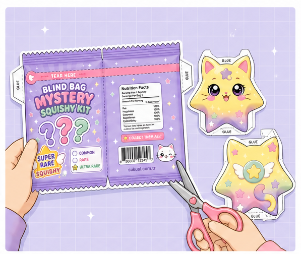 Kawaii Sürpriz Blind Bag (Gizemli Kör Paket) Paper Squishy Yapımı - 2. Adım: Dış Çizgilerden Makasla Kes ✂️ Kağıt Sukuşi Yapım Aşaması