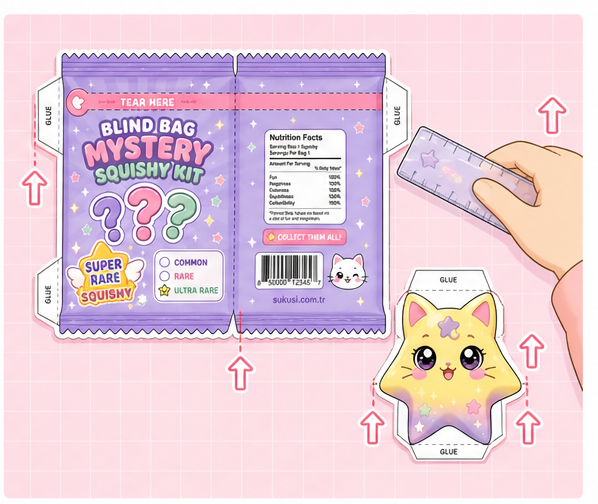 Kawaii Sürpriz Blind Bag (Gizemli Kör Paket) Paper Squishy Yapımı - 3. Adım: Cetvelle Kulakçıkları İçe Katla (Scoring) 📐 Kağıt Sukuşi Yapım Aşaması
